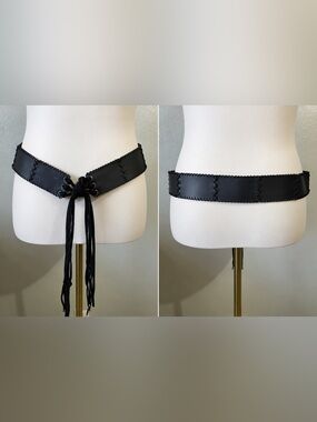 Black Patchwork Suede Leather Fringe Tie Waist Belt Medium Large Boho Western